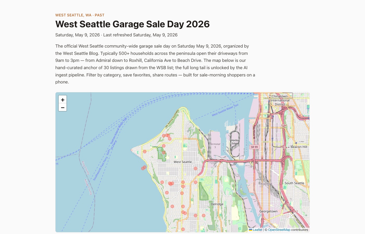 The event page: a map of West Seattle with a pin for each stop. The 30 listings shown are modeled seed data, not real sales.